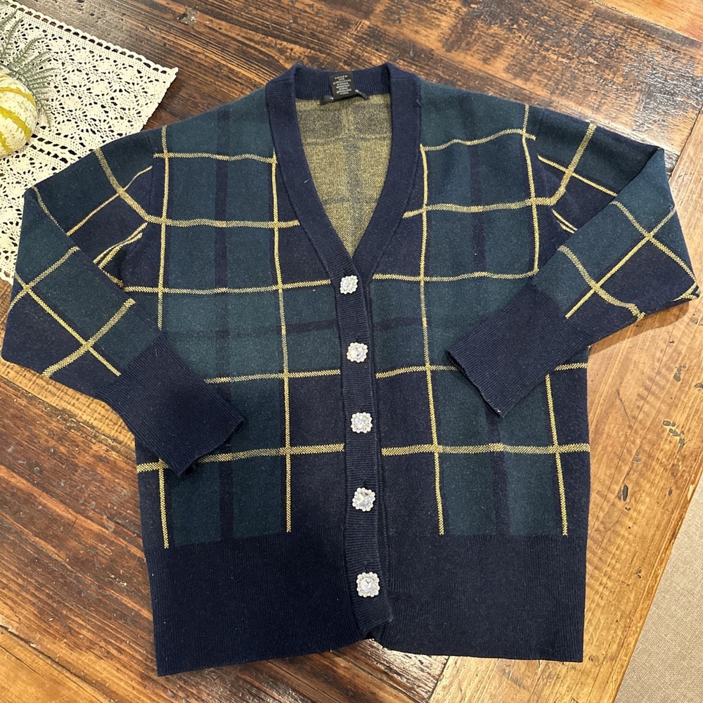Tahari Cardigan Sweater Womens XS Blue Green‎ Plaid Rhinestone Academia Preppy